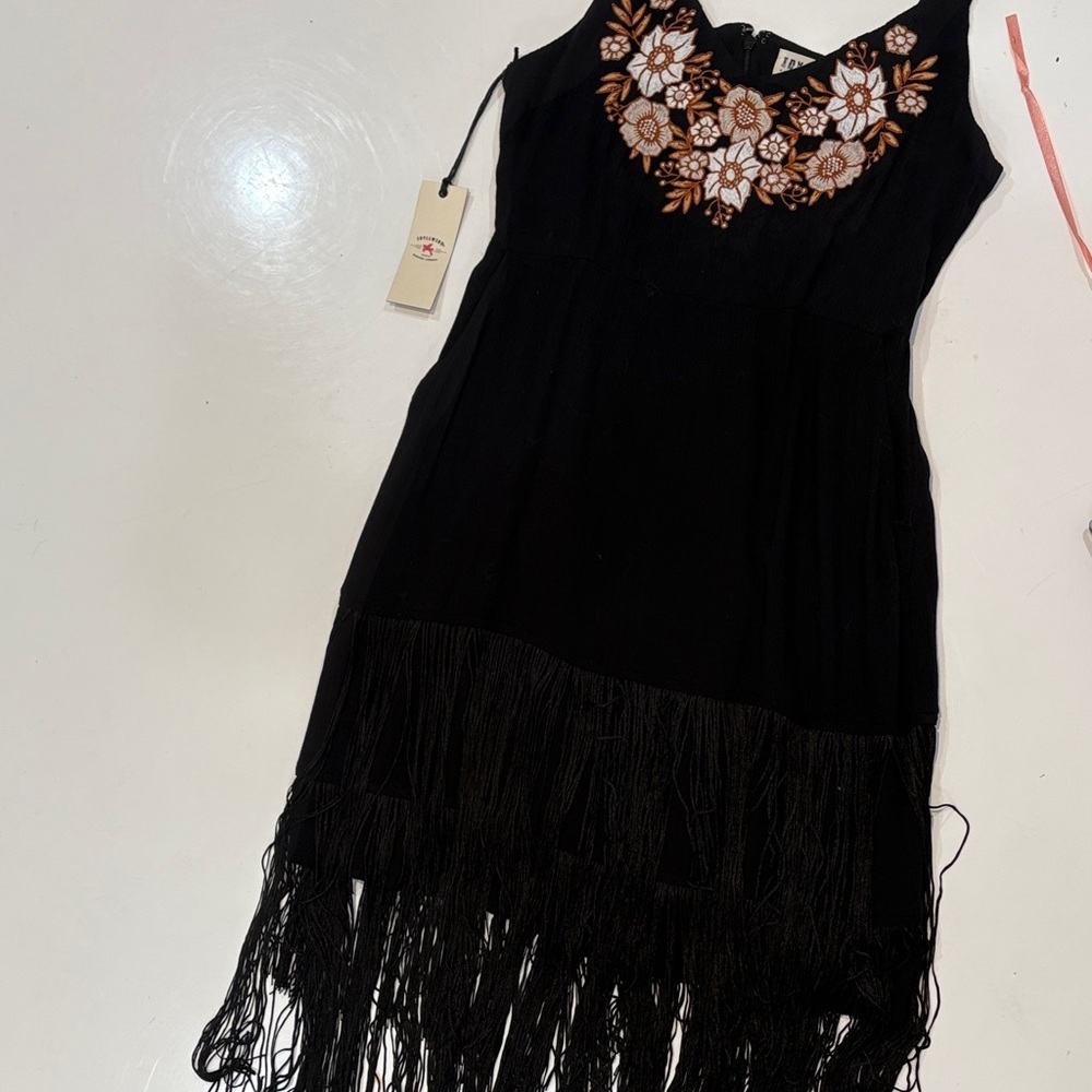 Idyllwind Black Midi Dress with Brown Floral Embroidery
